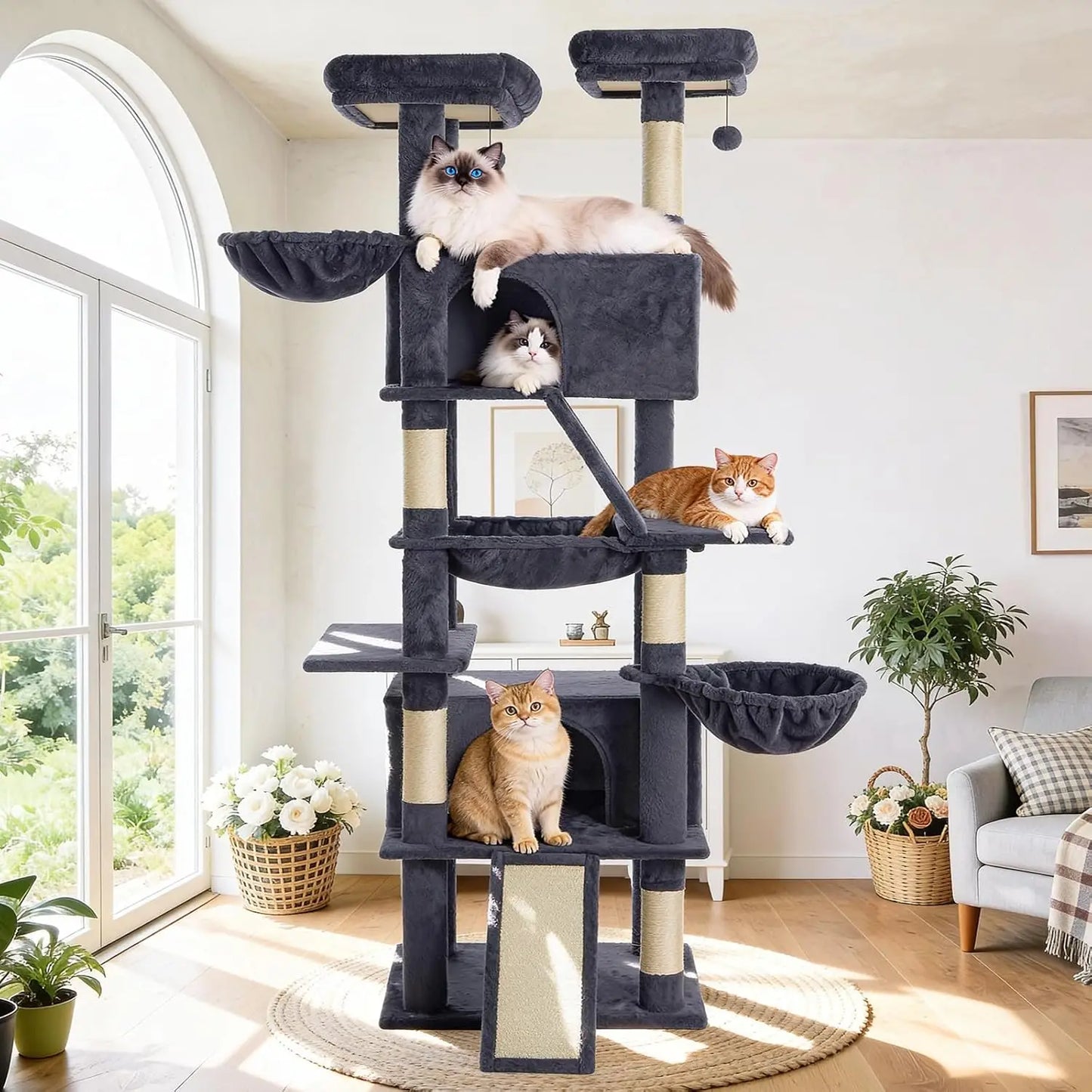 82-inch Multi-Level Cat Tower with Scratching Posts, Hammock, Perches, Condos, and Hanging Baskets in Dark Grey