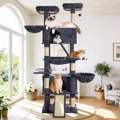 82-inch Multi-Level Cat Tower with Scratching Posts, Hammock, Perches, Condos, and Hanging Baskets in Dark Grey