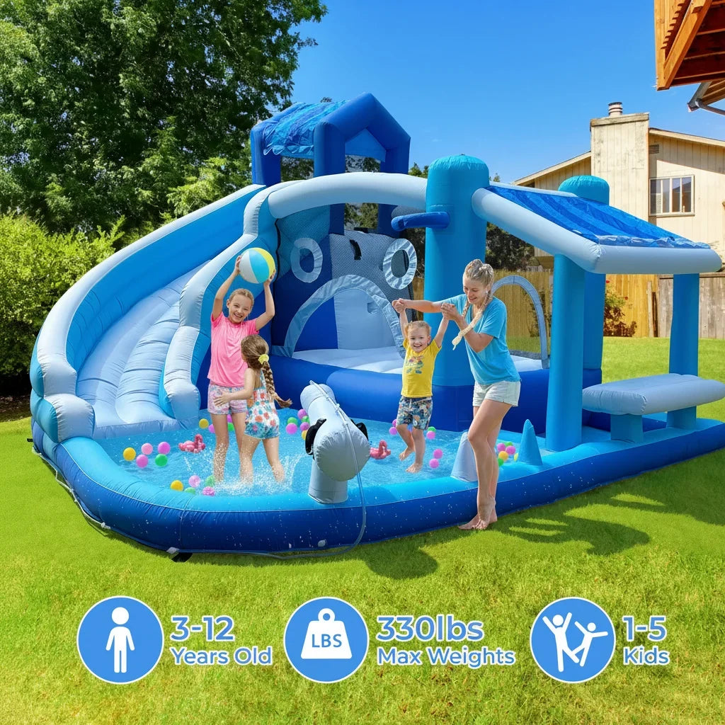 Inflatable  Water Slide Park-Huge Splash Pool-Easy to Set Up & Inflate with Air Blower,Bule   Water Slid Outdoor Use
