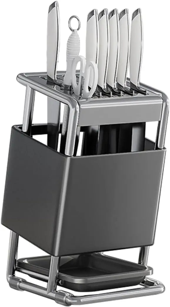 Knife Block with Drain Tray, Knife Holder without Knives, Kitchen Storage Knife Rack Decoration, Slanted Knife Stand
