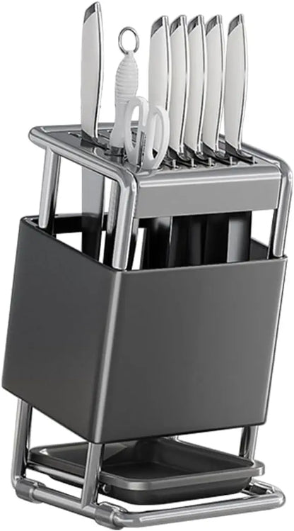 Knife Block with Drain Tray, Knife Holder without Knives, Kitchen Storage Knife Rack Decoration, Slanted Knife Stand