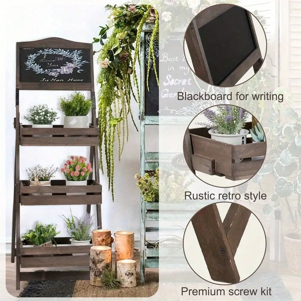 Folding Wood A-Frame Pavement Chalkboard With 3 Tier Ladder Plant Stand Shelf