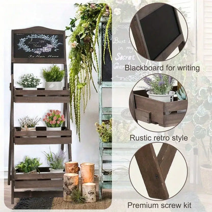 Folding Wood A-Frame Pavement Chalkboard With 3 Tier Ladder Plant Stand Shelf