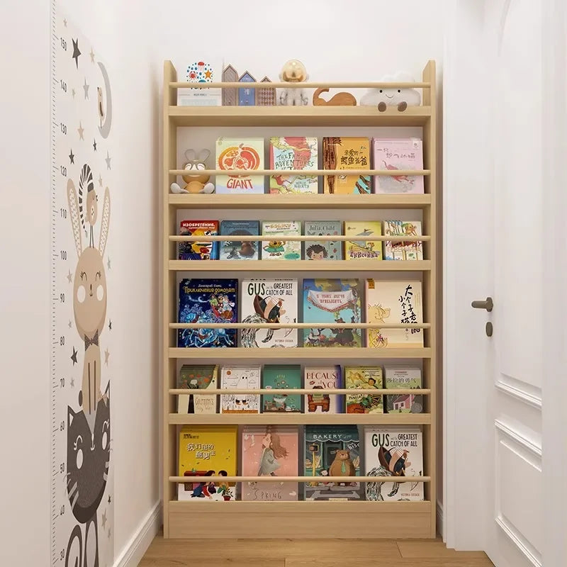 Solid wood bookshelf, floor standing wall mounted multi-layer storage rack, household bookshelf, thin bookshelf behind the door