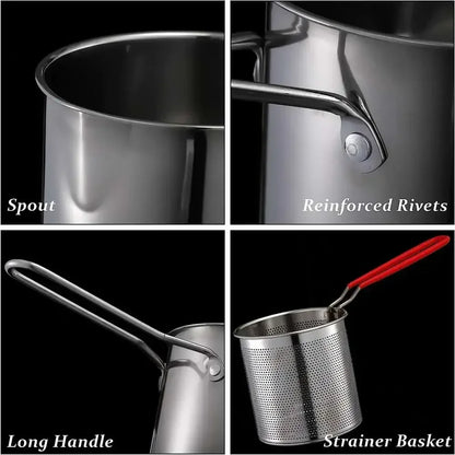 Stainless Steel Deep Fryer with Basket Multi-Purpose for Home Commercial Tempura Chicken Frying Anti-Slip Base Cool Handle
