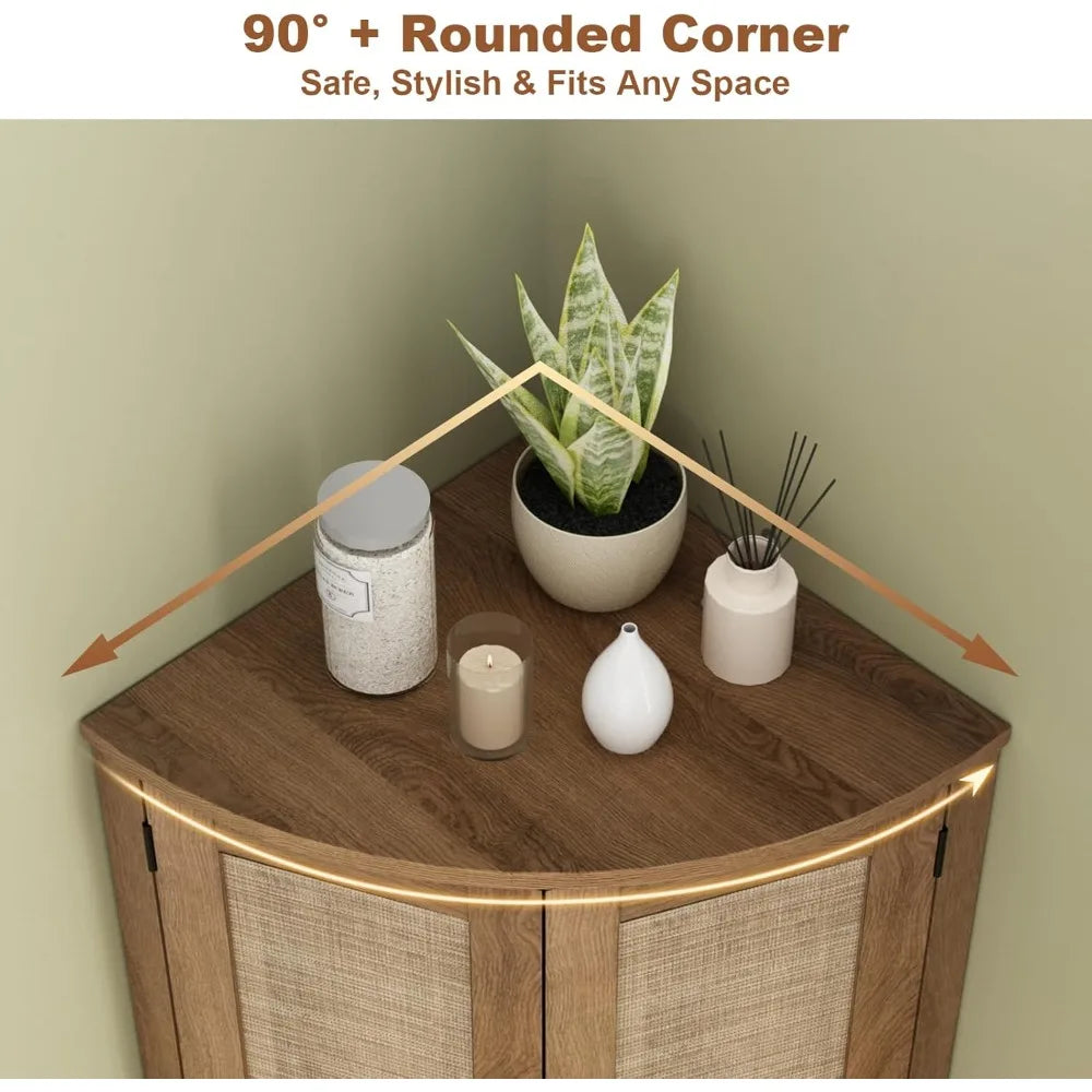 Tall Corner Cabinet, 64.7" Rattan Corner Storage Cabinet with 4 Doors and 5 Storage Shelves, Farmhouse Space Saver, Boho Shelf