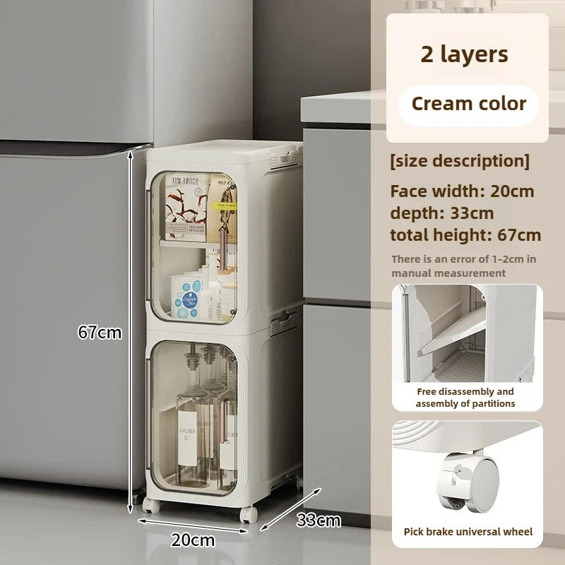 Household bathroom narrow seam storage cabinet, multifunctional foldable with wheels, dust-proof and crevice storage cabinet