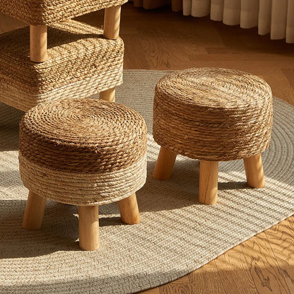 Grass woven stool, rural low stool, rattan woven shoe changing stool, thickened woven seat cushion stool