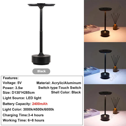 Rechargeable Wireless Table Lamp LED Touch Sensor Desktop Night Light Reading Lamp for Restaurant Hotel Bar Bedroom Decor Light