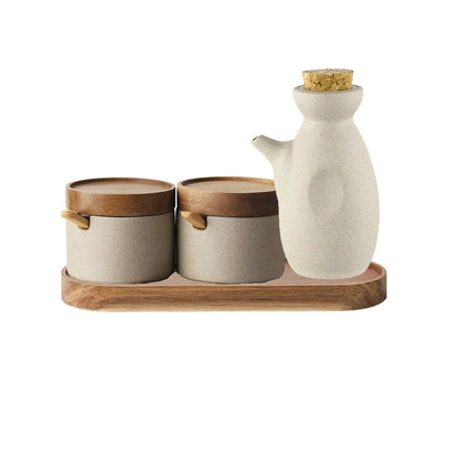 JUSTINLAU Ceramic Seasoning Jar Japanese Spice Container with Bamboo Lid Spoon Home Oil Pot Seasoning Bottle Tray Kitchen Tools