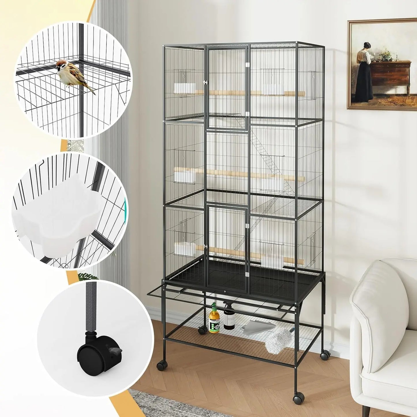 69-Inch Extra Large Rolling Bird Cage for Parrots and Cockatiels Flight Cage with Storage Shelf,Feed Bowls & Wood Perches