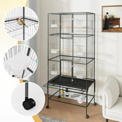 69-Inch Extra Large Rolling Bird Cage for Parrots and Cockatiels Flight Cage with Storage Shelf,Feed Bowls & Wood Perches