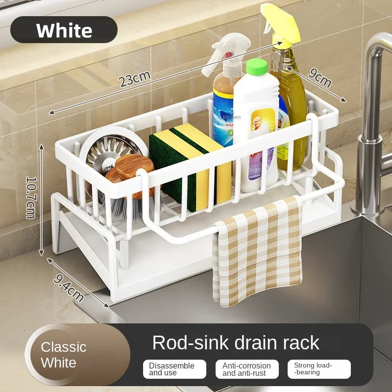 Sink Organizer Dish Brush Holder Rustproof Plastic Sink Sponge Holder with Auto Drain Tray Kitchen Soap for Brush Soap