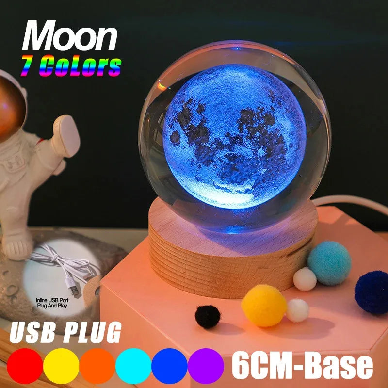 3D Crystal Lights Lamp RGB Glowing Planetary Galaxy Night Light Crystal Ball Night Lights Bedside Home Decor Christmas Gift