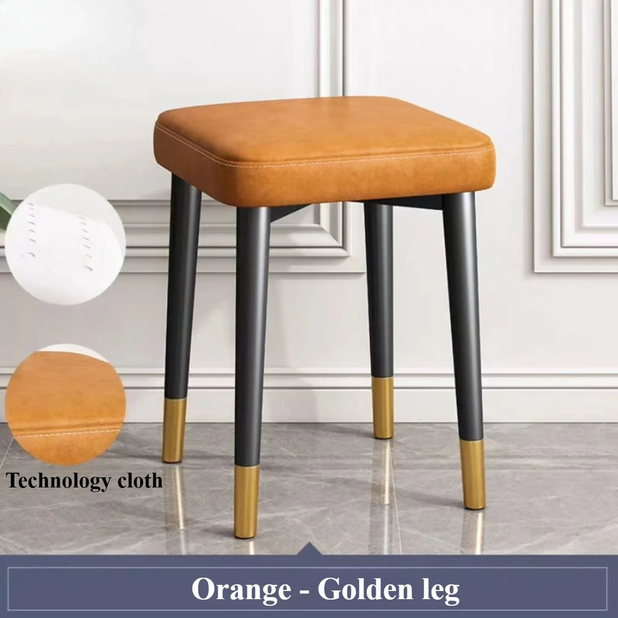 Modern Cushioned Stool for Dining Room, Living Room, Bedroom, and Office | with Golden Foot Cover, Criss-cross Construction Leg