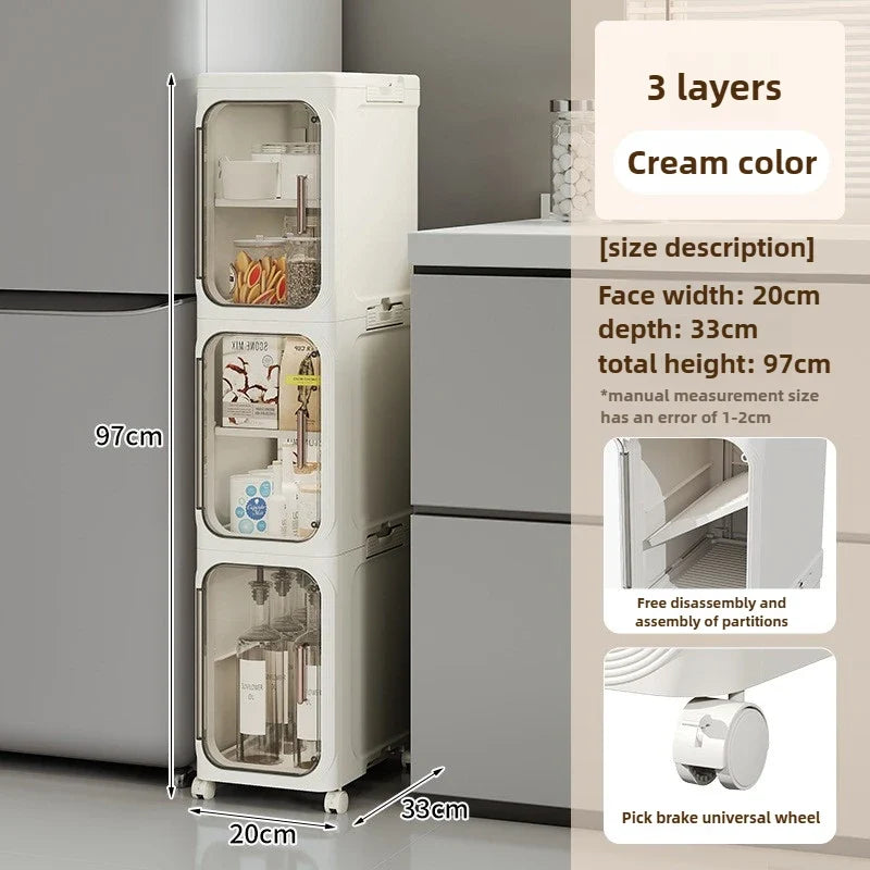 Household bathroom narrow seam storage cabinet, multifunctional foldable with wheels, dust-proof and crevice storage cabinet