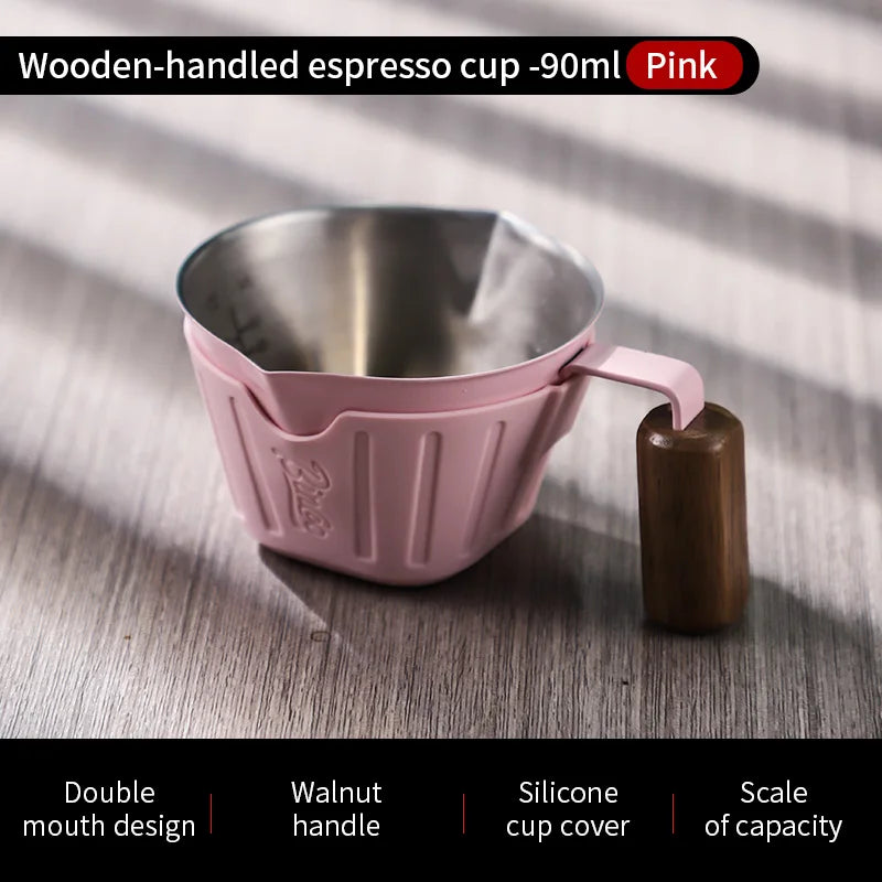 Bincoo Professional Espresso Measuring Cup, 90ml Dual Spout with Wood Handle and ml/oz Scales for Barista-Level Control