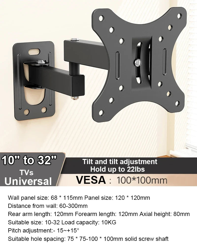 Full Motion TV Monitor Wall Mount Bracket Articulating Arms Swivel Tilt Extension Rotation for Most 10-32 Inch Flat Curved TVs