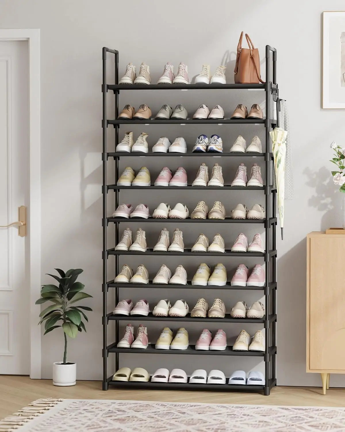 10-Tier Shoe Rack with Hooks - Large Capacity Space-Saving Organizer for Entryway, Bedroom, Living Room, Black
