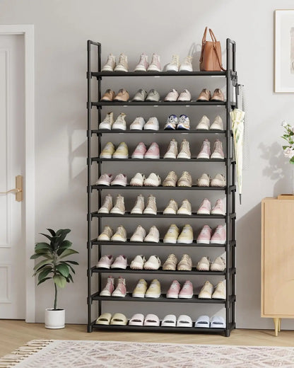 10-Tier Shoe Rack with Hooks - Large Capacity Space-Saving Organizer for Entryway, Bedroom, Living Room, Black