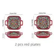1 piece of 9-inch Bohemian style salad plate with double ear ceramic pasta dish, can be used for oven, microwave