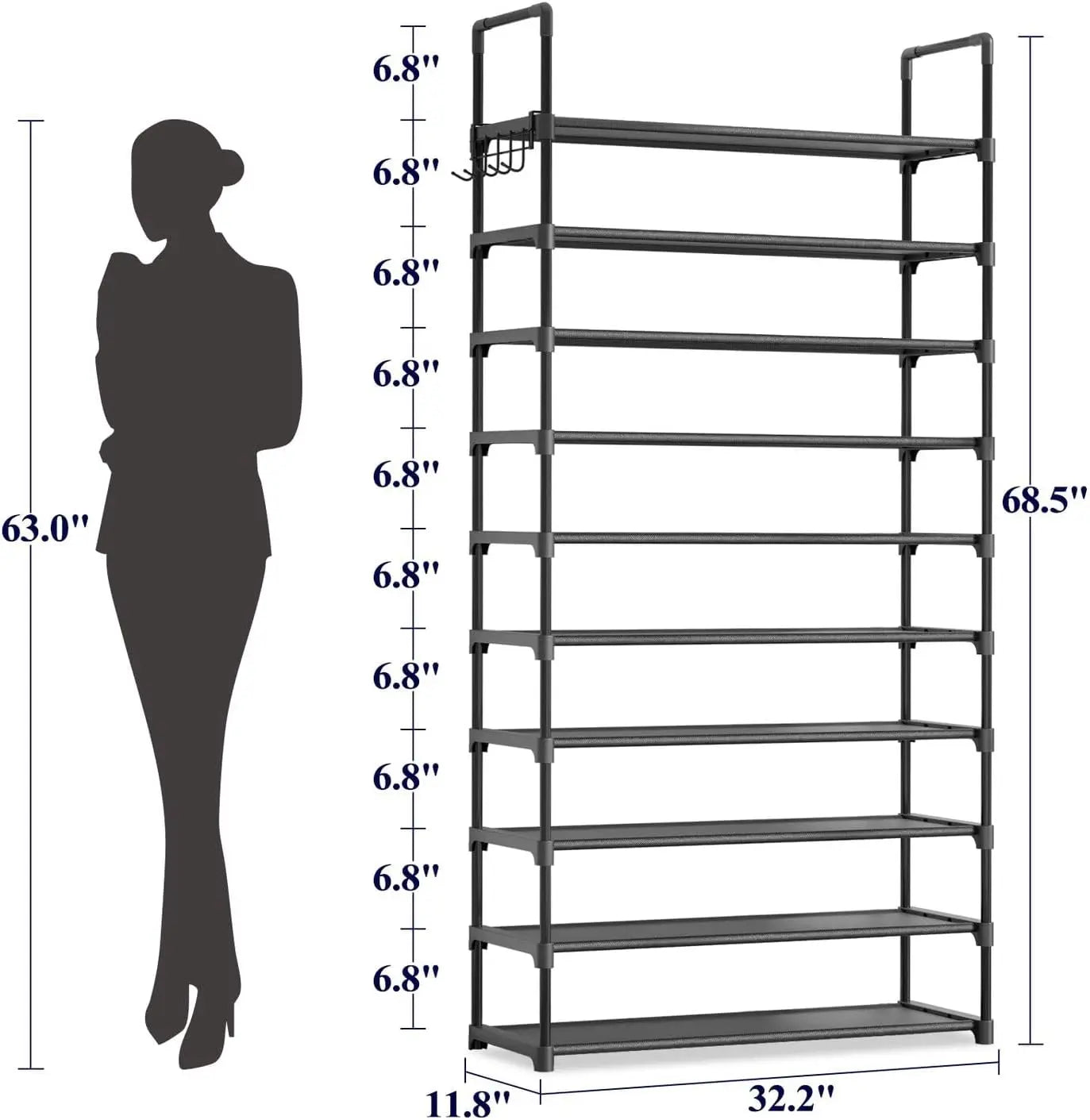 10-Tier Shoe Rack with Hooks - Large Capacity Space-Saving Organizer for Entryway, Bedroom, Living Room, Black