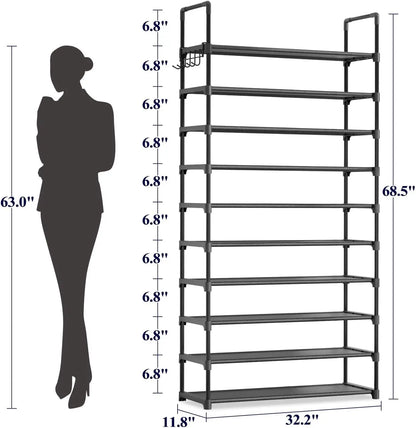 10-Tier Shoe Rack with Hooks - Large Capacity Space-Saving Organizer for Entryway, Bedroom, Living Room, Black