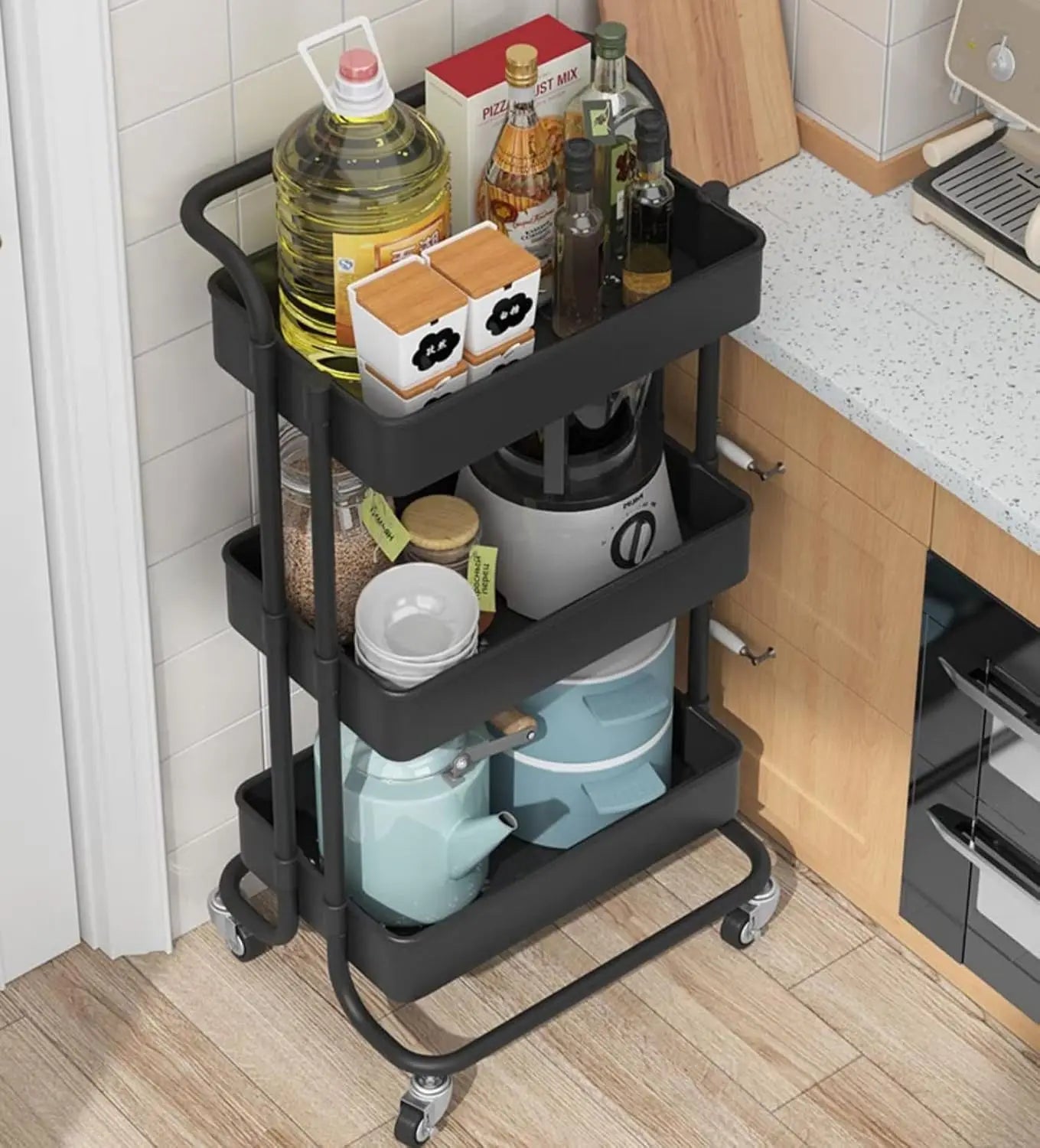 Sooyee 3 Tier Utility Cart,Rolling Cart with Handle and Lockable Wheels, Multi-Functional Storage Cart for Kitchen, Bathroom