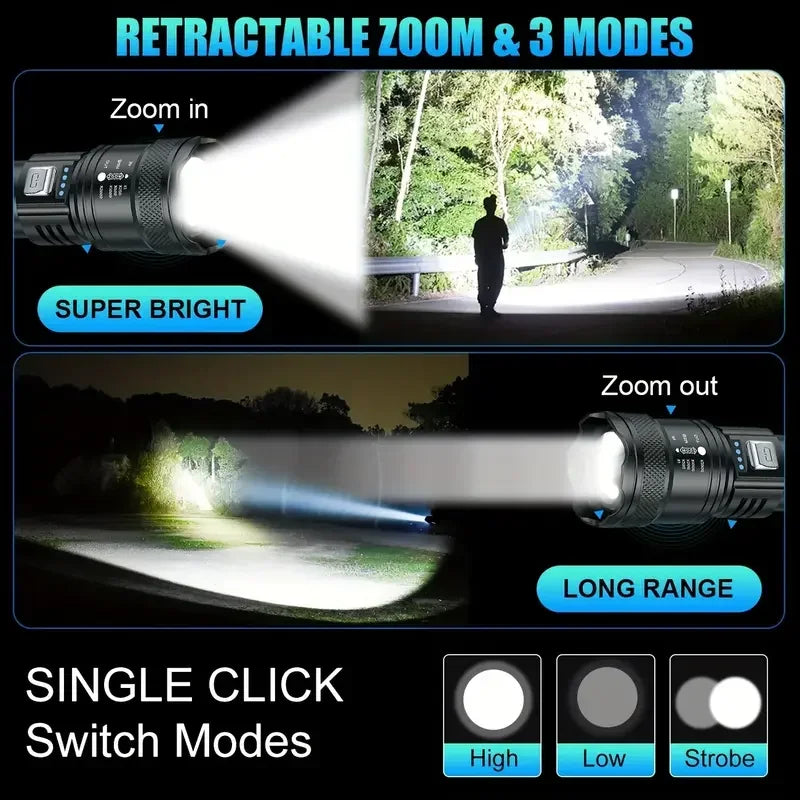 Super Bright Flashlight USB Rechargeable LED Long Range Tactical Torch Outdoor Waterproof Emergency Camping Fishing Lantern