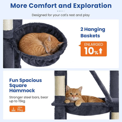 82-inch Multi-Level Cat Tower with Scratching Posts, Hammock, Perches, Condos, and Hanging Baskets in Dark Grey
