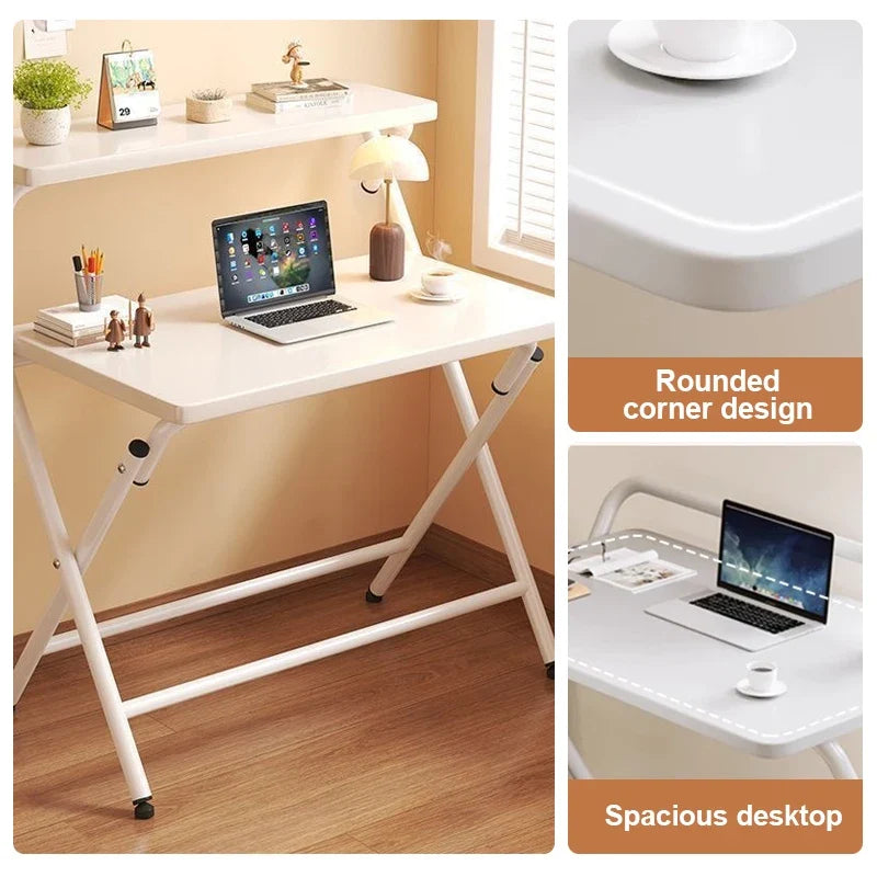 Double Folding Table Layered Shelving Space Saving Folding Computer Table Use for Writing Studying Gaming and Office