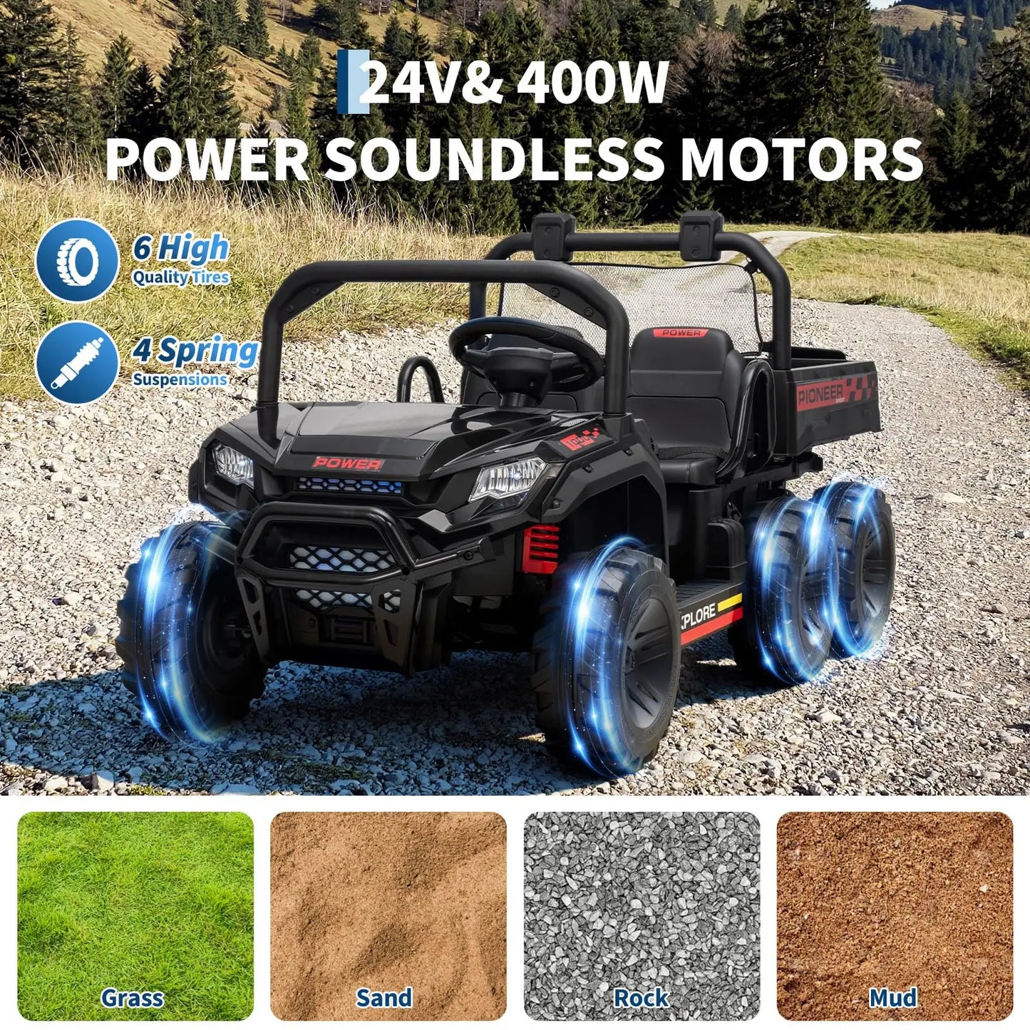 24V 4WD Electric Ride-on Dump Truck For Kids 2-Seater With Parental Remote Control 3 Speeds All-Terrain Off-Road Toy Car