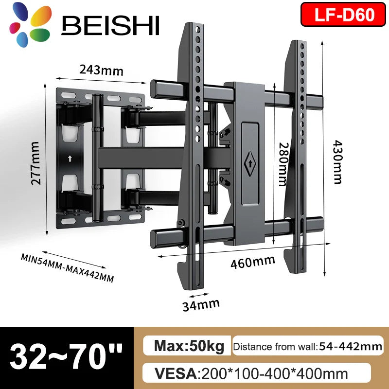 BEISHI TV Bracket  LED LCD TV Screen Wall Mount Bracket Stretch Adjustable Rotating Tilt TV Bracket Load up to 65kg VESA 600*400
