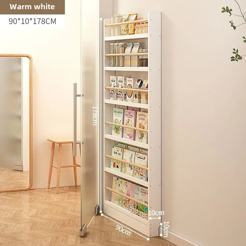 Solid wood bookshelf, floor standing wall mounted multi-layer storage rack, household bookshelf, thin bookshelf behind the door