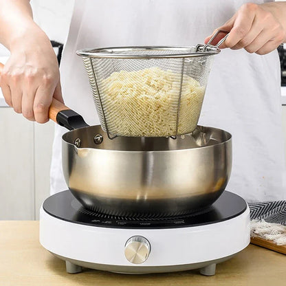 French Chip Frying Strainer Basket Stainless Steel Deep Fry Basket Kitchen Round Fryer Wire Mesh With Handle Wire Colander Nets