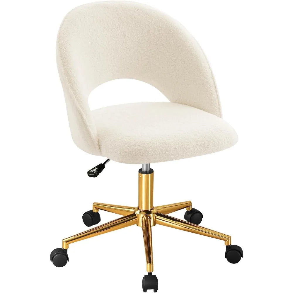 Vanity Chair with Back, Cute Office Desk Chair with Wheels for Girls, Upholstered Armless Accent Chair with Gold Metal Height