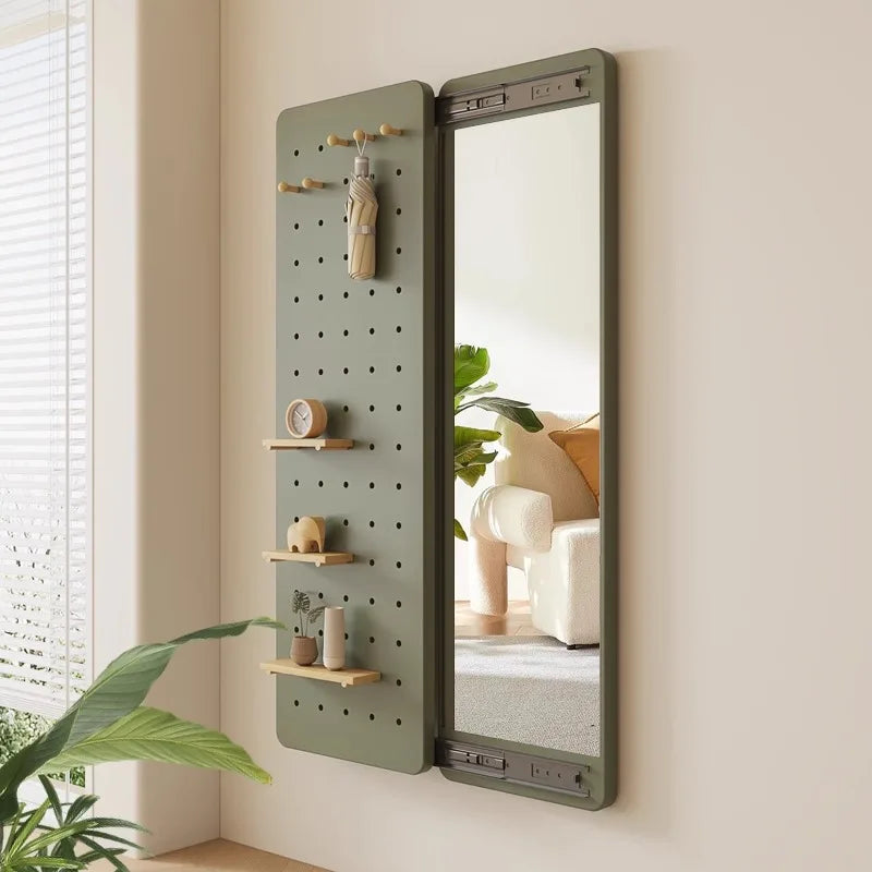 Solid wood perforated board dressing mirror invisible push-pull full body mirror storage wall hanging entrance dressing mirror