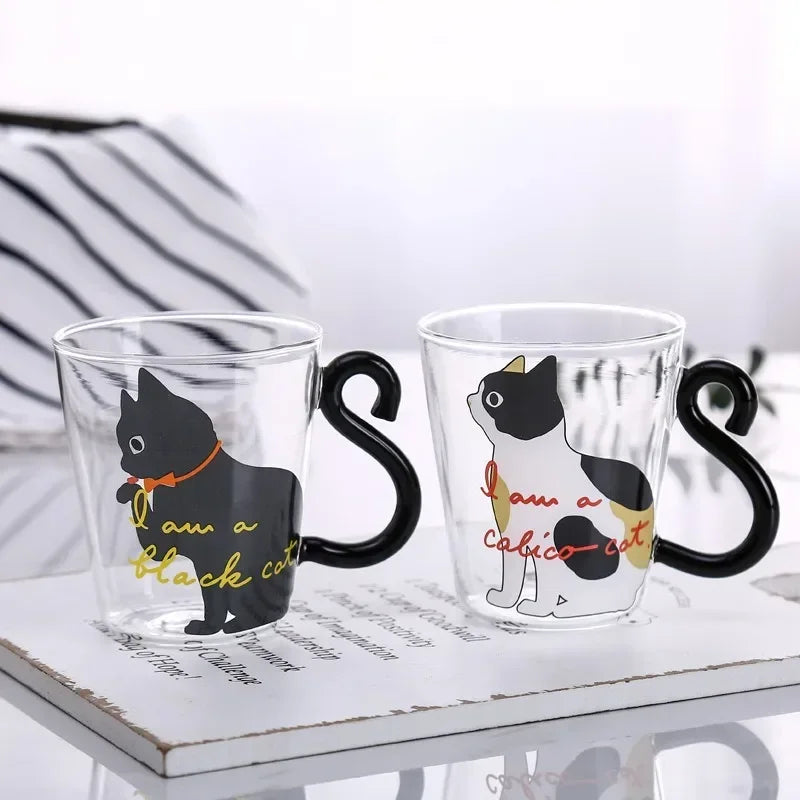 JUSTINLAU 3D Cat Tail Coffee Mug 250ml High Borosilicate Glass Heat-resistant Water Cups Home Breakfast Milk Cup for Cat lover