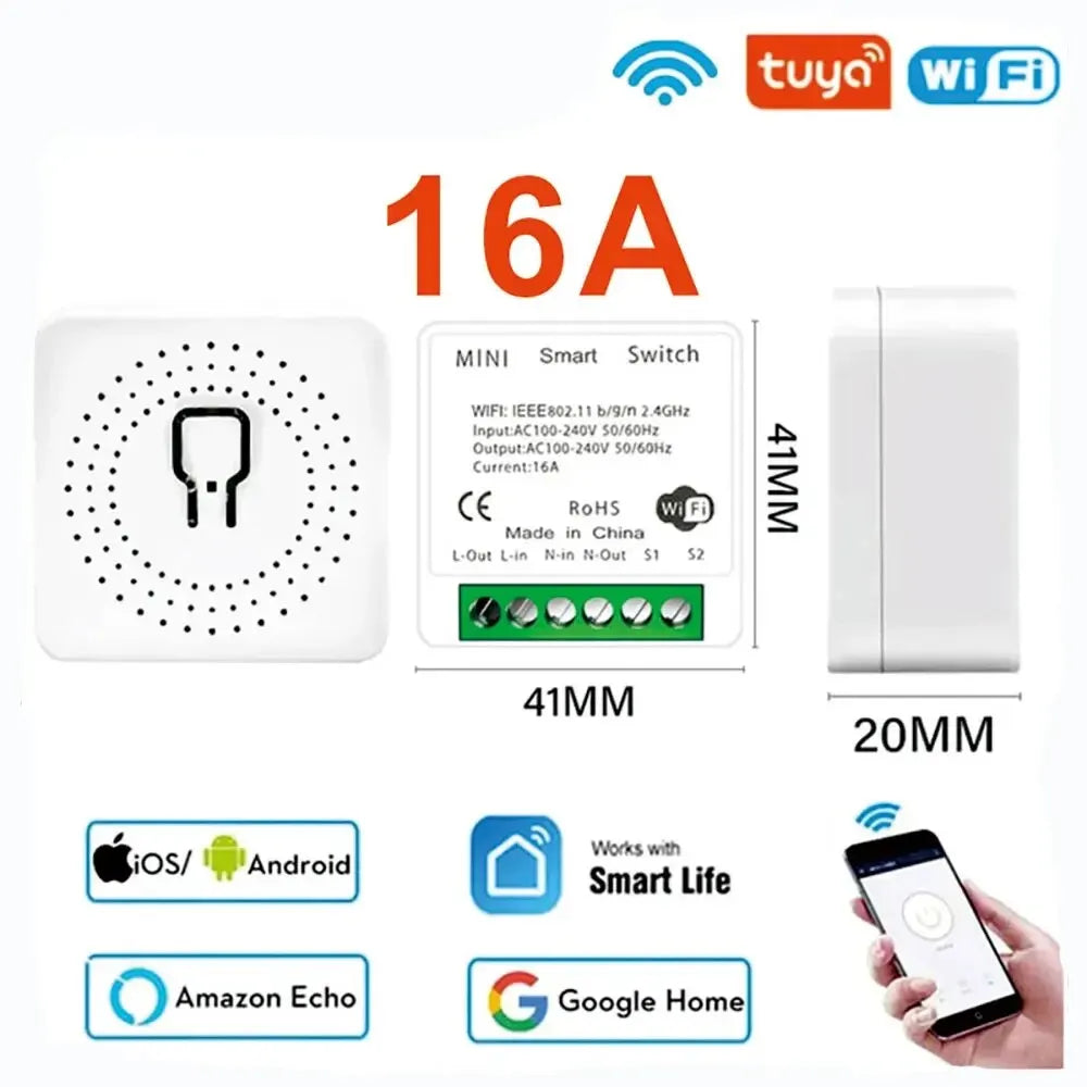 16A Wifi Mini Smart Switch Wireless DIY Light Switches 2 Way Control Breaker Work with Tuya Smart Life Alexa Google Home