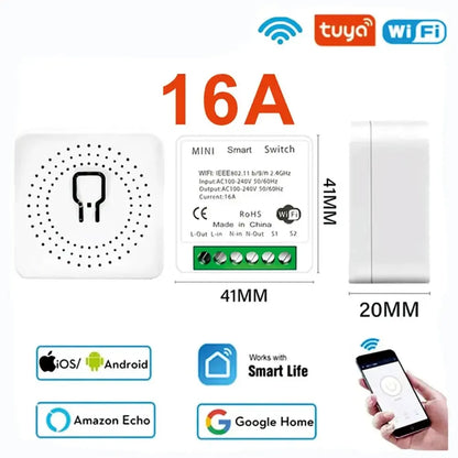 16A Wifi Mini Smart Switch Wireless DIY Light Switches 2 Way Control Breaker Work with Tuya Smart Life Alexa Google Home