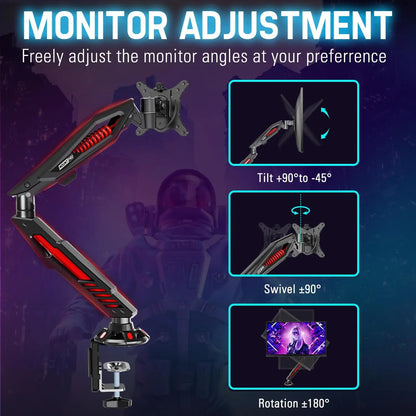 Adjustable Gaming Monitor Arm with Mechanical Spring, C Clamp & Grommet Base for Screens up to 32", VESA Compatible