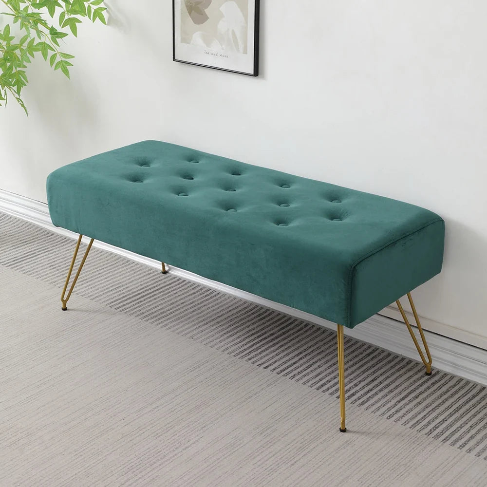 Modern Tufted Velvet Entryway Bench - Upholstered Long Shoe Bench with Gold Metal Legs for Hallway Bedroom End of Bed