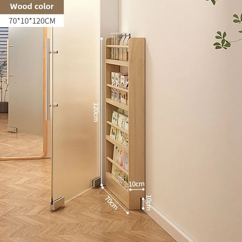 Solid wood bookshelf, floor standing wall mounted multi-layer storage rack, household bookshelf, thin bookshelf behind the door