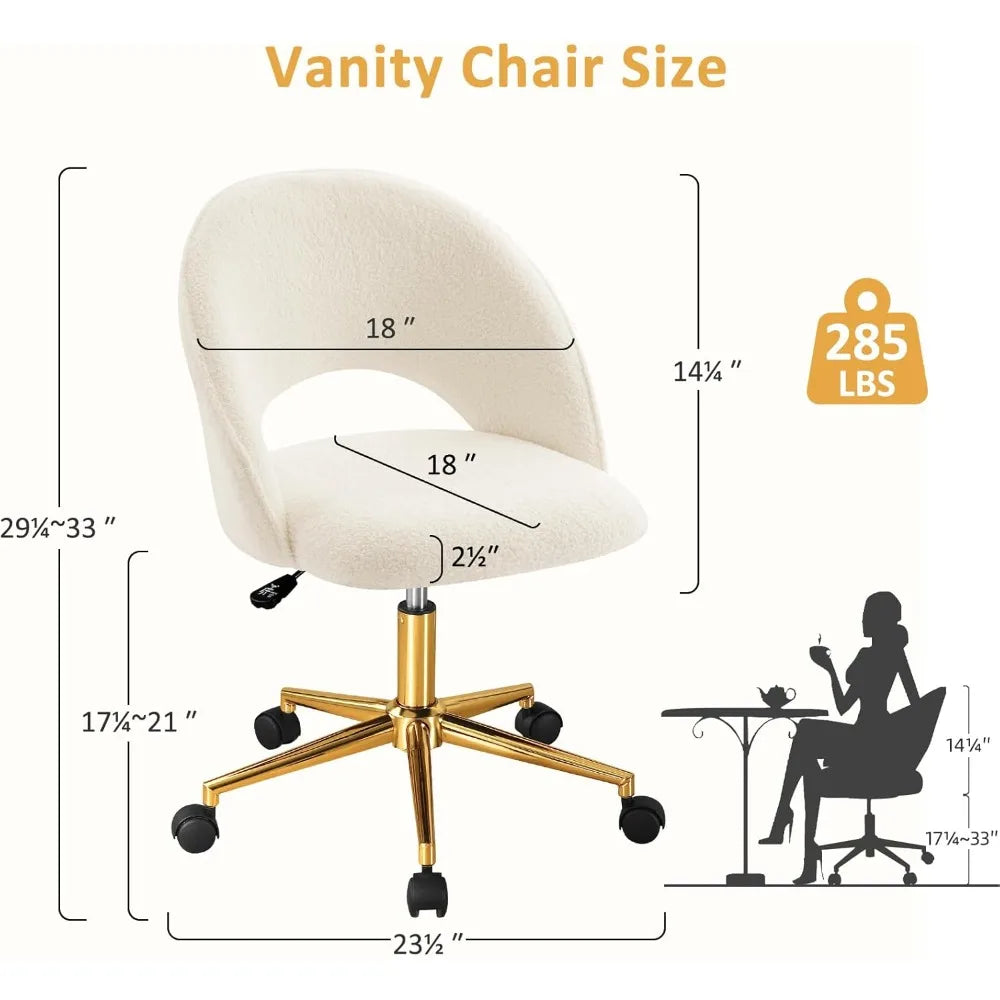 Vanity Chair with Back, Cute Office Desk Chair with Wheels for Girls, Upholstered Armless Accent Chair with Gold Metal Height