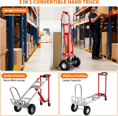 3-in-1 Convertible Hand Truck Dolly, 770lbs Folding Aluminum Cart with Wheels & Elastic Straps for Home, Warehouse, Supermarket