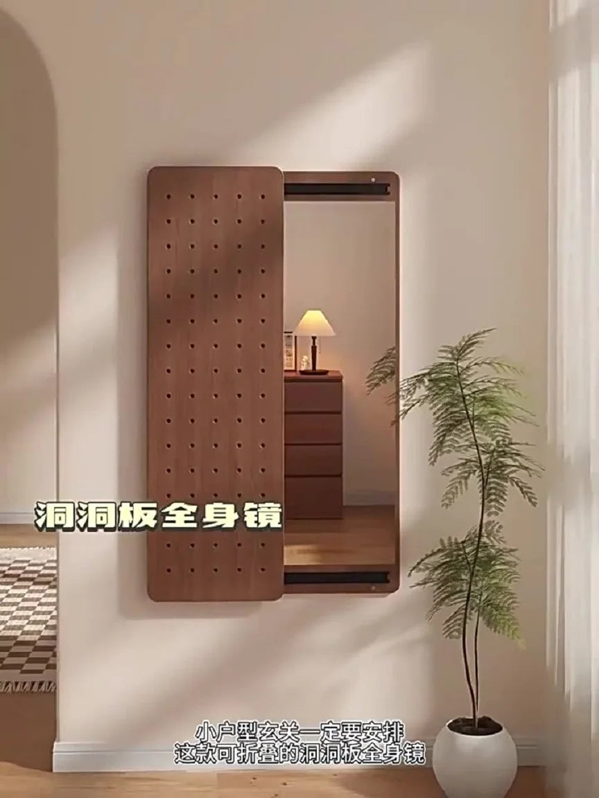 Solid wood perforated board dressing mirror invisible push-pull full body mirror storage wall hanging entrance dressing mirror