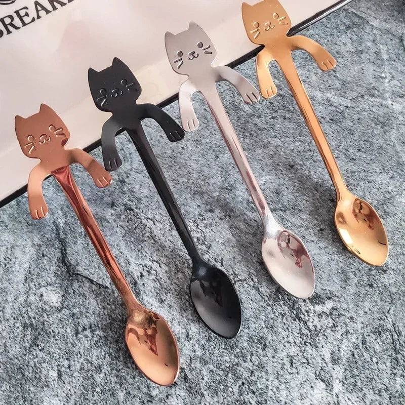 2/4PCS Set 304 Stainless Steel Cat Spoon Creative Cartoon Hanging Edge Spoon Cute Coffee Spoon Gold-plated Stirring Spoon