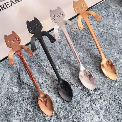 2/4PCS Set 304 Stainless Steel Cat Spoon Creative Cartoon Hanging Edge Spoon Cute Coffee Spoon Gold-plated Stirring Spoon