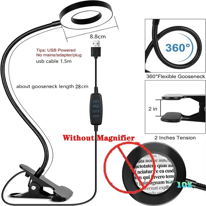With/Without Magnifier 3 Color Change 10 Brightness Stepless, Flexible Gooseneck Desk Light With Magnifying Glass Or Not Include