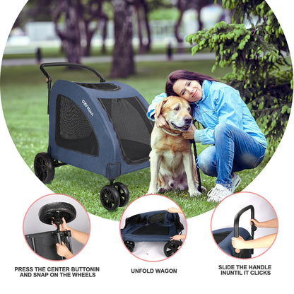 Heavy Duty Dog Stroller for Large Dogs up to 120 lbs, Foldable Pet Wagon with 360° Wheels, All-Round Ventilation, Front & Rear Z